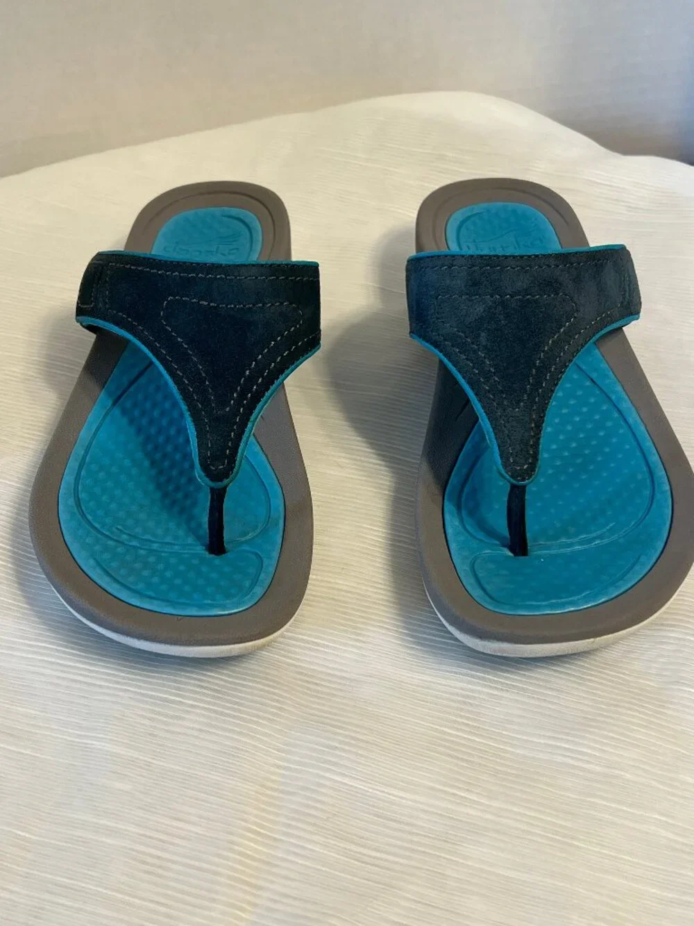Dansko Katy Blue & Gray Leather Slip On Flip Flop Sandals - Picture 2 of 15